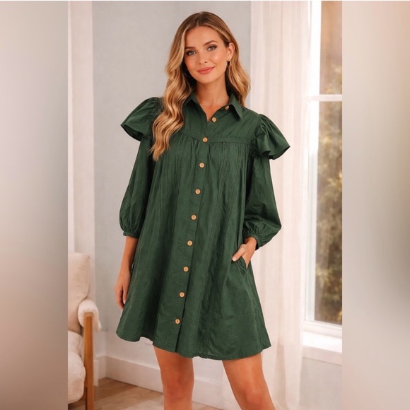 FARM Rio Dresses & Skirts - FARM Rio Deep Green Long Puffer Sleeve Wood Button Down Flowy Embroidered Dress